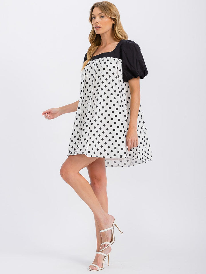 WOMEN'S SHORT SLEEVE COLORBLOCK POLKA DOTS TUNIC MINI DRESS