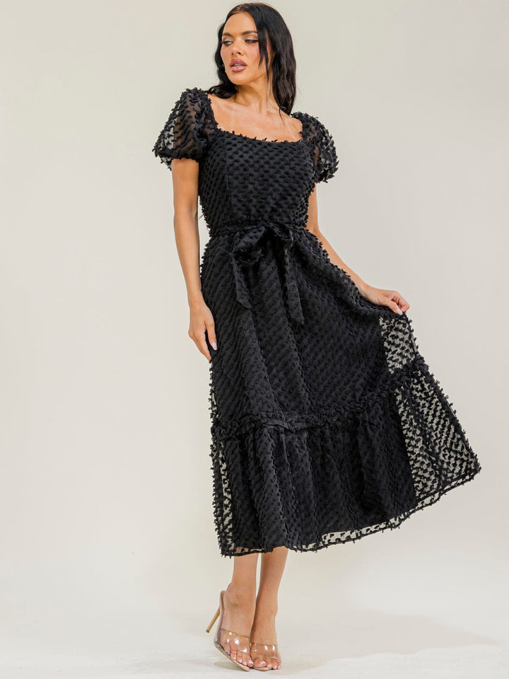 JUST ME WOMEN'S SHORT SLEEVE SQUARE NECK TIERED SWISS MAXI DRESS