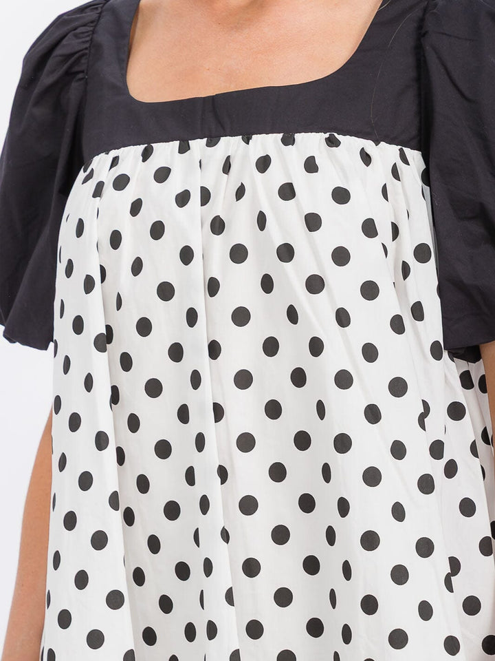 WOMEN'S SHORT SLEEVE COLORBLOCK POLKA DOTS TUNIC MINI DRESS