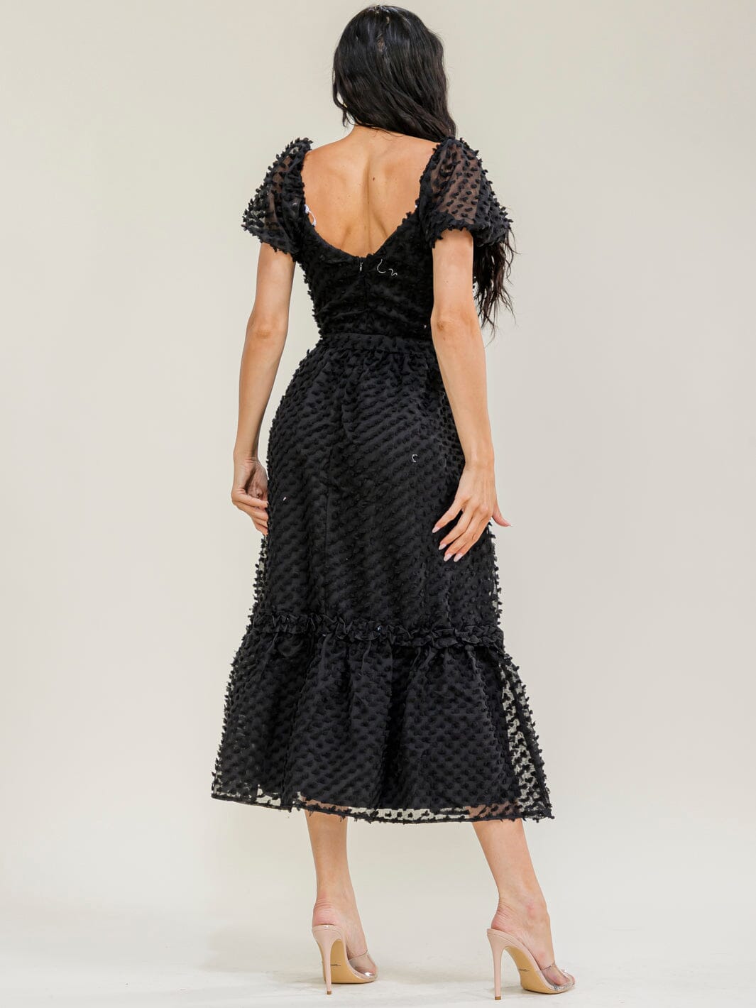 JUST ME WOMEN'S SHORT SLEEVE SQUARE NECK TIERED SWISS MAXI DRESS