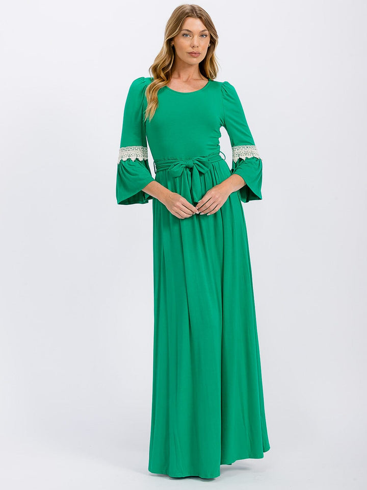 WOMEN'S 3/4 SLEEVE SELF TIE CROCHET DETAILED MAXI DRESS