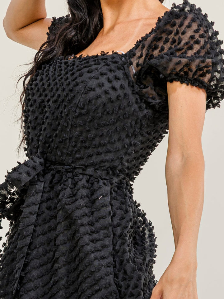 JUST ME WOMEN'S SHORT SLEEVE SQUARE NECK TIERED SWISS MAXI DRESS