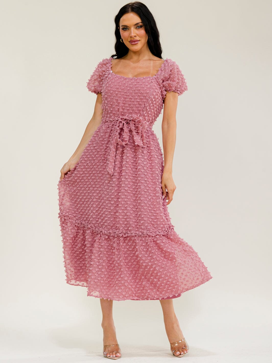 JUST ME WOMEN'S SHORT SLEEVE SQUARE NECK TIERED SWISS MAXI DRESS