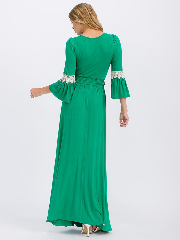 WOMEN'S 3/4 SLEEVE SELF TIE CROCHET DETAILED MAXI DRESS