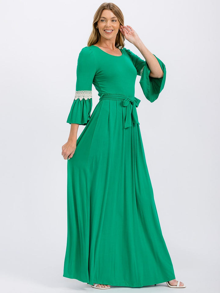 WOMEN'S 3/4 SLEEVE SELF TIE CROCHET DETAILED MAXI DRESS
