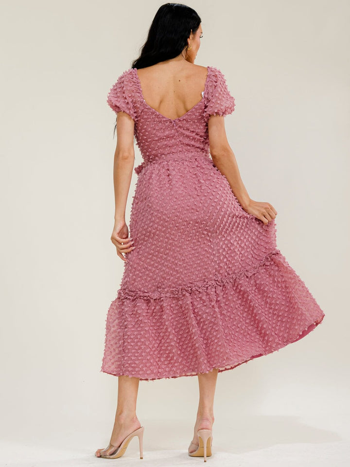 JUST ME WOMEN'S SHORT SLEEVE SQUARE NECK TIERED SWISS MAXI DRESS