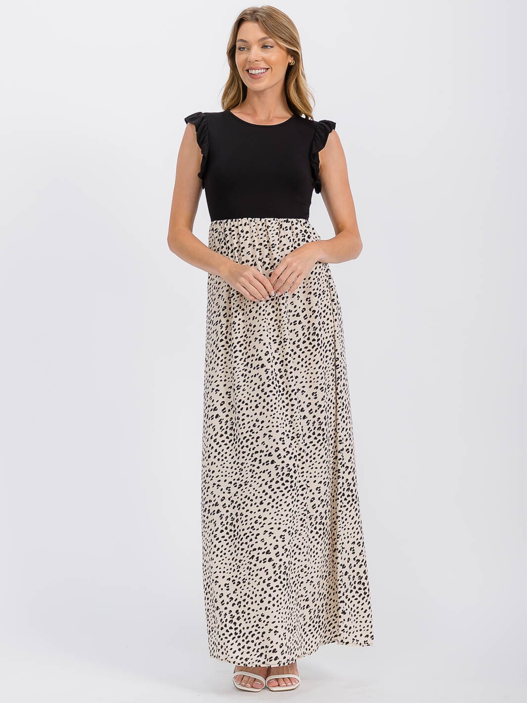 WOMEN'S SLEEVELESS ELASTIC WAIST RUFFLE ANIMAL PRINT CONTRAST MAXI DRESS