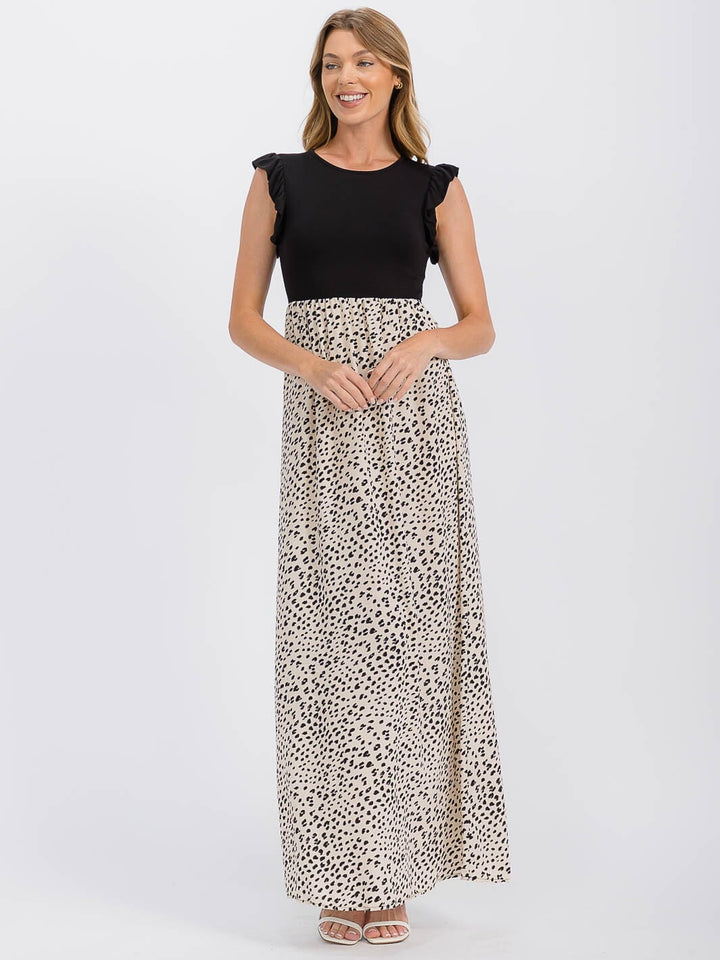 WOMEN'S SLEEVELESS ELASTIC WAIST RUFFLE ANIMAL PRINT CONTRAST MAXI DRESS