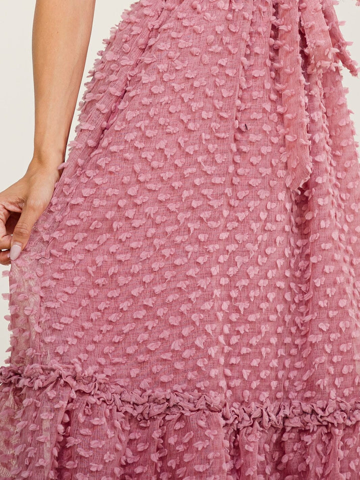 JUST ME WOMEN'S SHORT SLEEVE SQUARE NECK TIERED SWISS MAXI DRESS