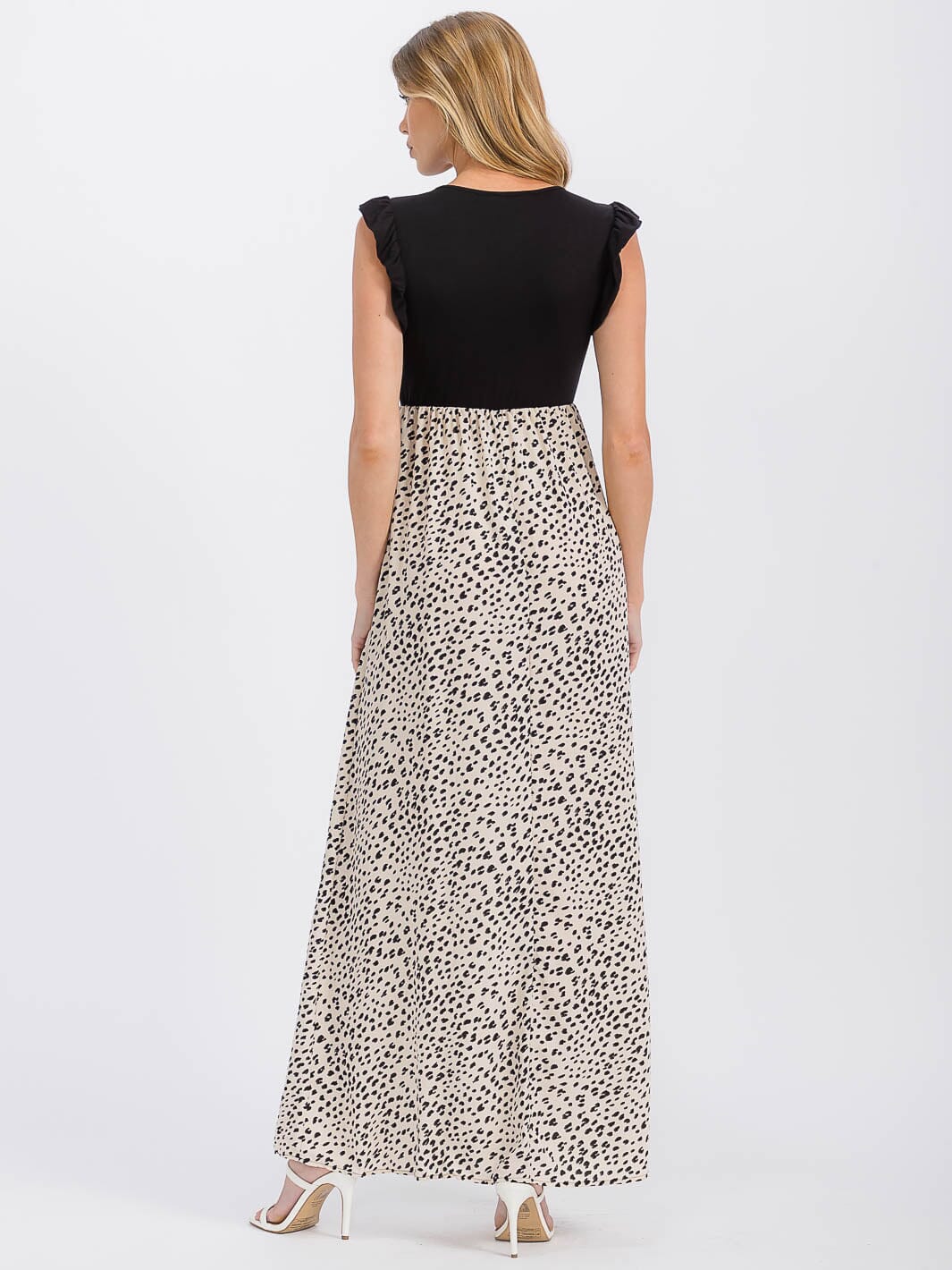 WOMEN'S SLEEVELESS ELASTIC WAIST RUFFLE ANIMAL PRINT CONTRAST MAXI DRESS