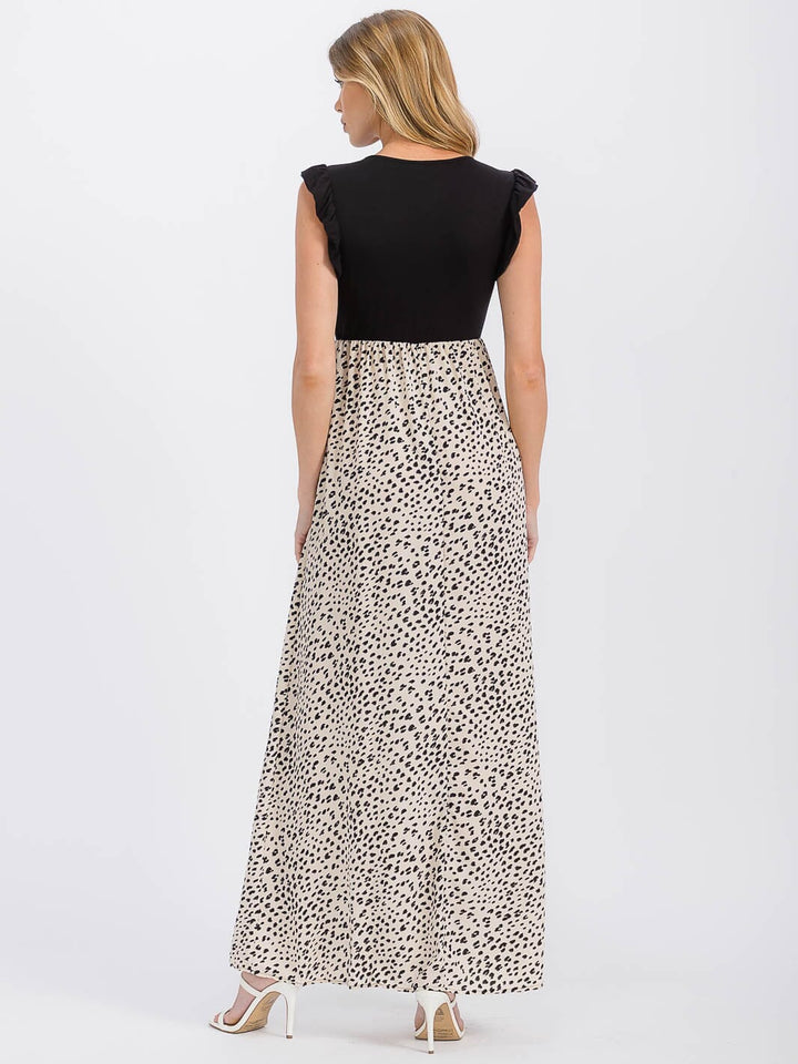 WOMEN'S SLEEVELESS ELASTIC WAIST RUFFLE ANIMAL PRINT CONTRAST MAXI DRESS