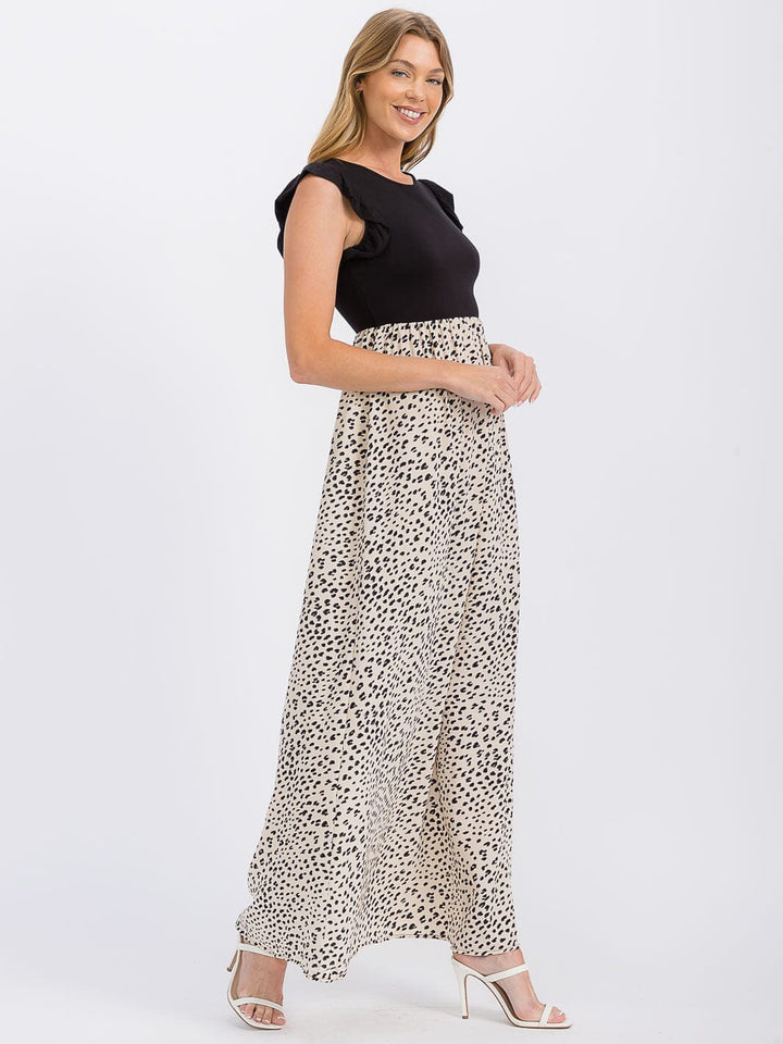 WOMEN'S SLEEVELESS ELASTIC WAIST RUFFLE ANIMAL PRINT CONTRAST MAXI DRESS