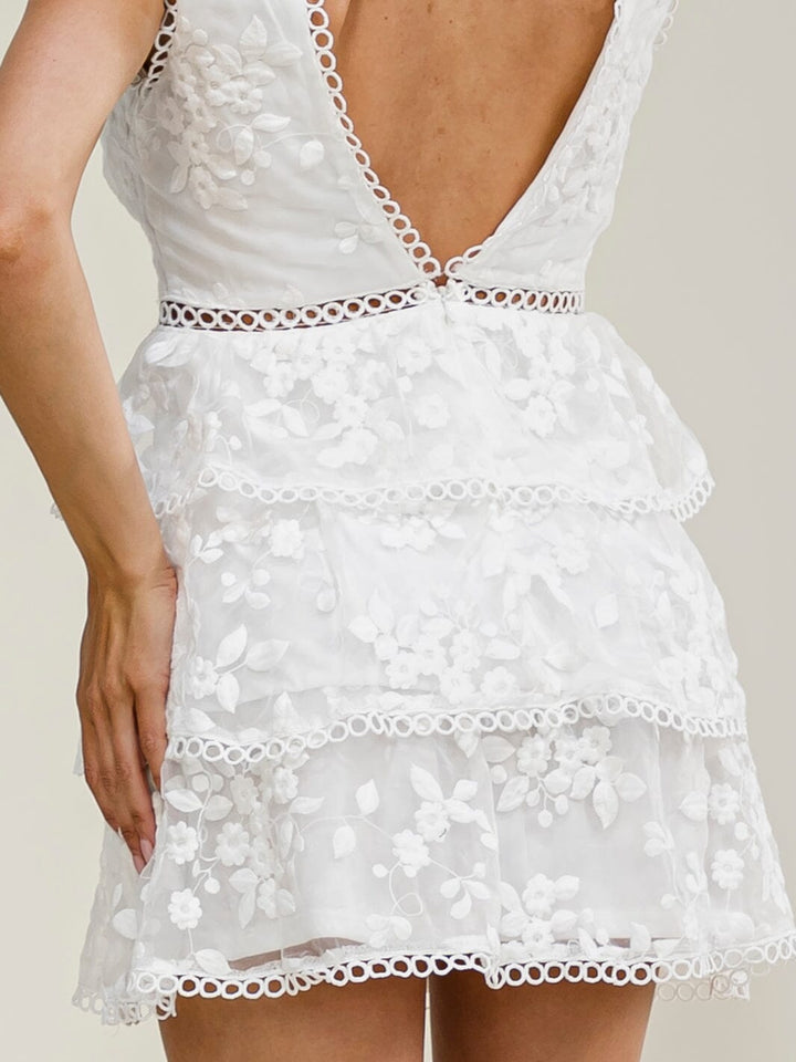 WOMEN'S SLEEVELESS OPEN BACK RUFFLE TIERED FLORAL MINI DRESS