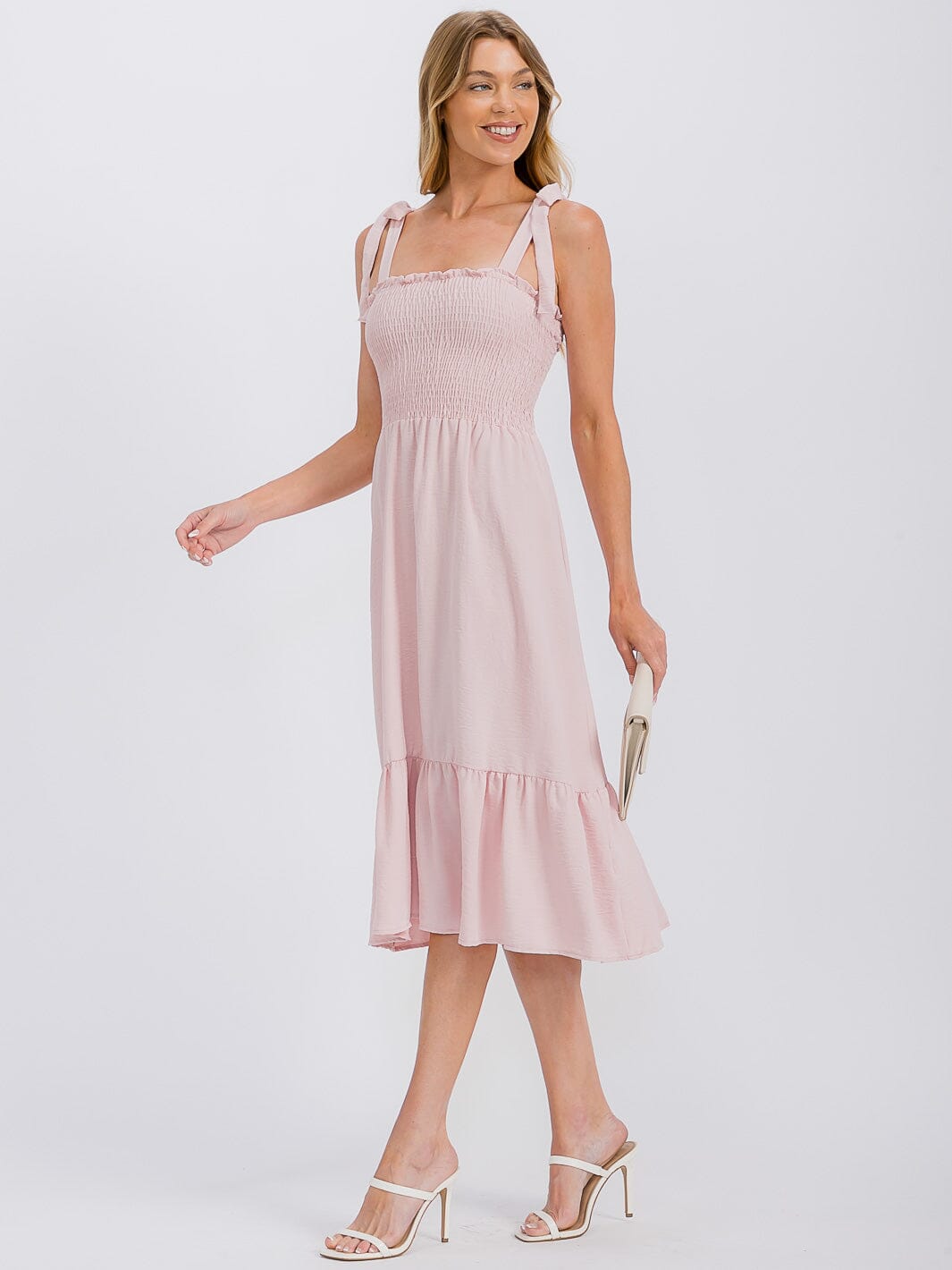 WOMEN'S SLEEVELESS ADJUSTABLE STRAPS SMOCK RUFFLE BOTTOM HEM MIDI DRESS