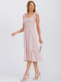 WOMEN'S SLEEVELESS ADJUSTABLE STRAPS SMOCK RUFFLE BOTTOM HEM MIDI DRESS