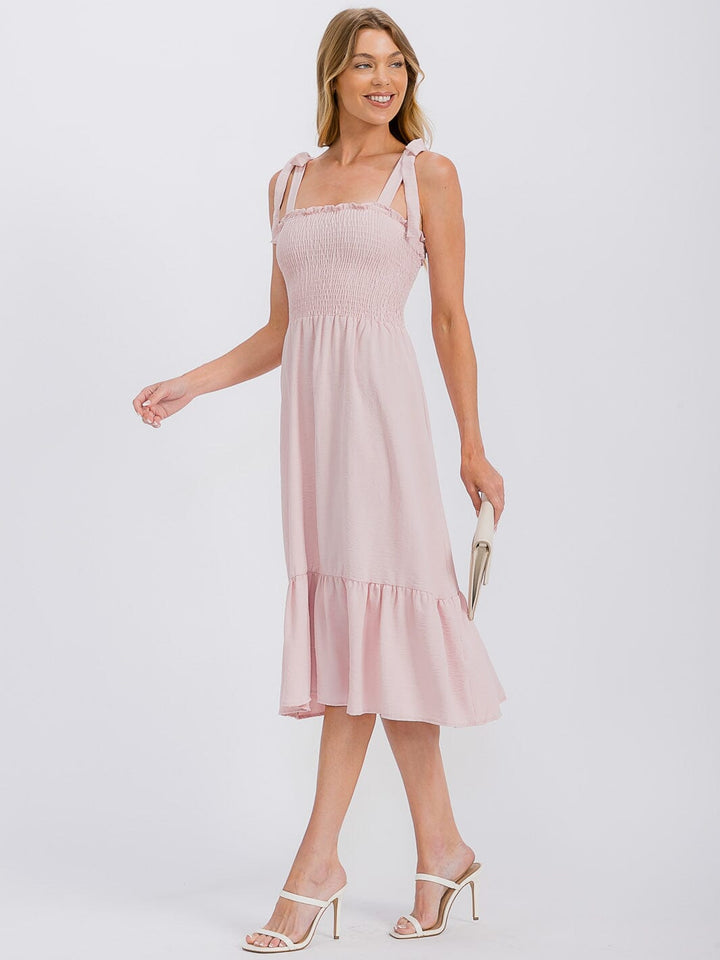 WOMEN'S SLEEVELESS ADJUSTABLE STRAPS SMOCK RUFFLE BOTTOM HEM MIDI DRESS