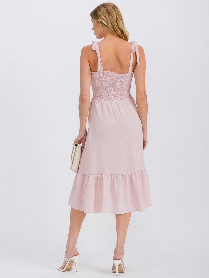 WOMEN'S SLEEVELESS ADJUSTABLE STRAPS SMOCK RUFFLE BOTTOM HEM MIDI DRESS