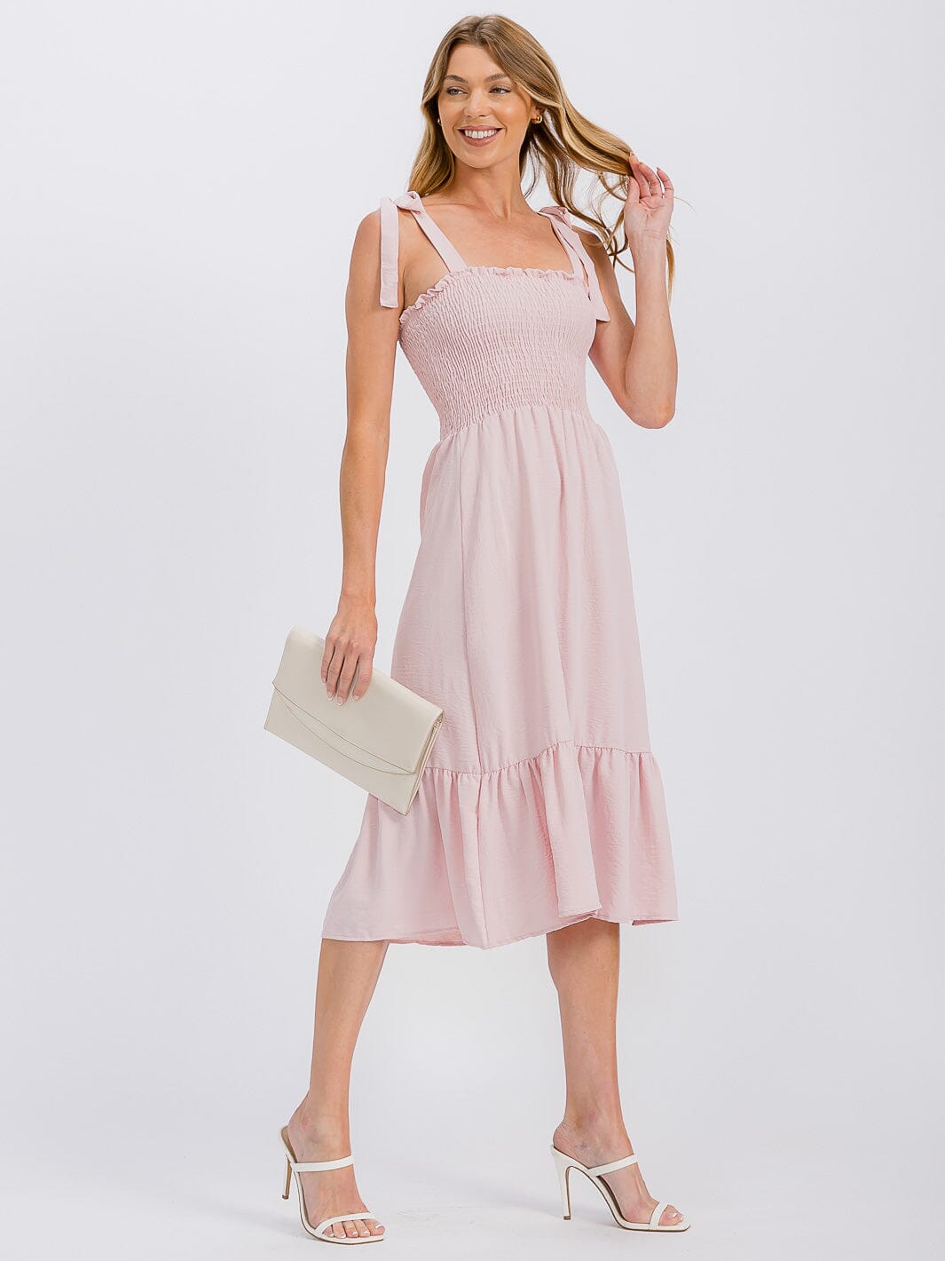 WOMEN'S SLEEVELESS ADJUSTABLE STRAPS SMOCK RUFFLE BOTTOM HEM MIDI DRESS