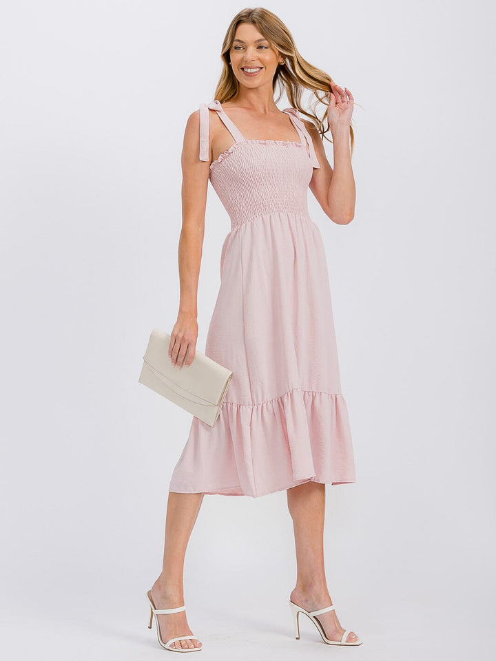 WOMEN'S SLEEVELESS ADJUSTABLE STRAPS SMOCK RUFFLE BOTTOM HEM MIDI DRESS