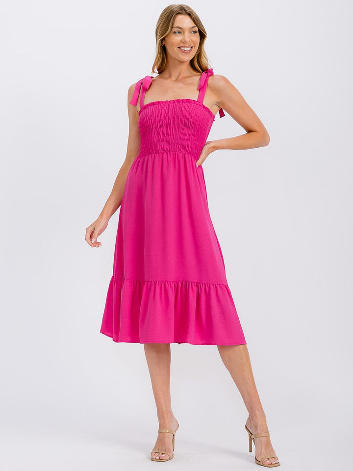 WOMEN'S SLEEVELESS ADJUSTABLE STRAPS SMOCK RUFFLE BOTTOM HEM MIDI DRESS