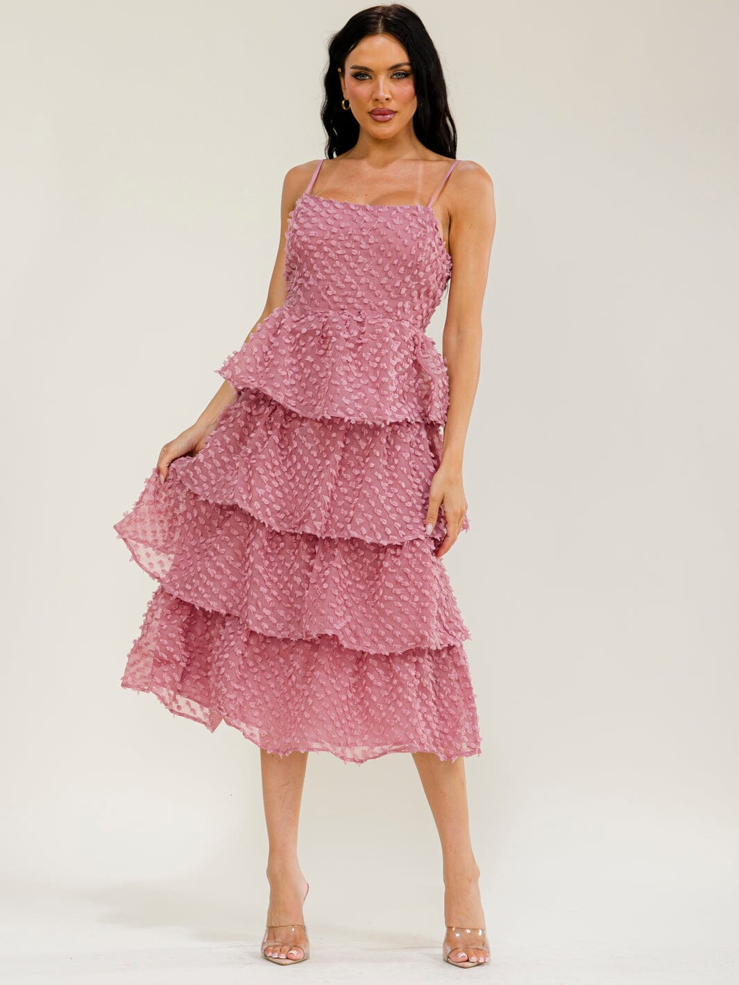 WOMEN'S SLEEVELESS RUFFLE TIERED SWISS MIDI DRESS