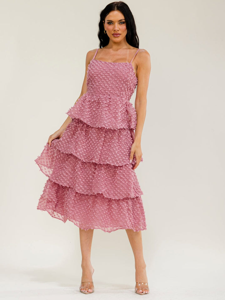 WOMEN'S SLEEVELESS RUFFLE TIERED SWISS MIDI DRESS
