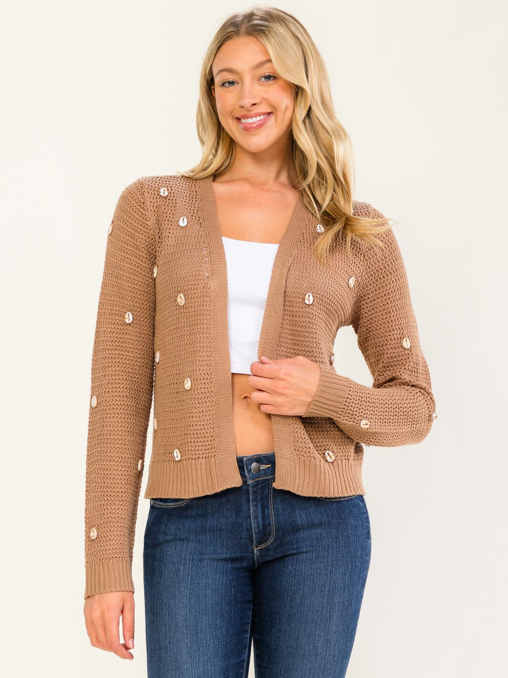 WOMEN'S LONG SLEEVE OPEN FRONT SEA SHELL DETAILED KNIT CARDIGAN