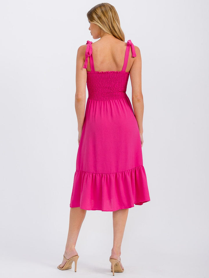 WOMEN'S SLEEVELESS ADJUSTABLE STRAPS SMOCK RUFFLE BOTTOM HEM MIDI DRESS