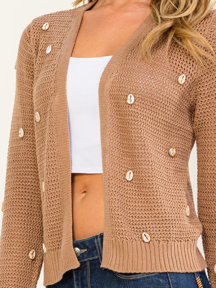 WOMEN'S LONG SLEEVE OPEN FRONT SEA SHELL DETAILED KNIT CARDIGAN
