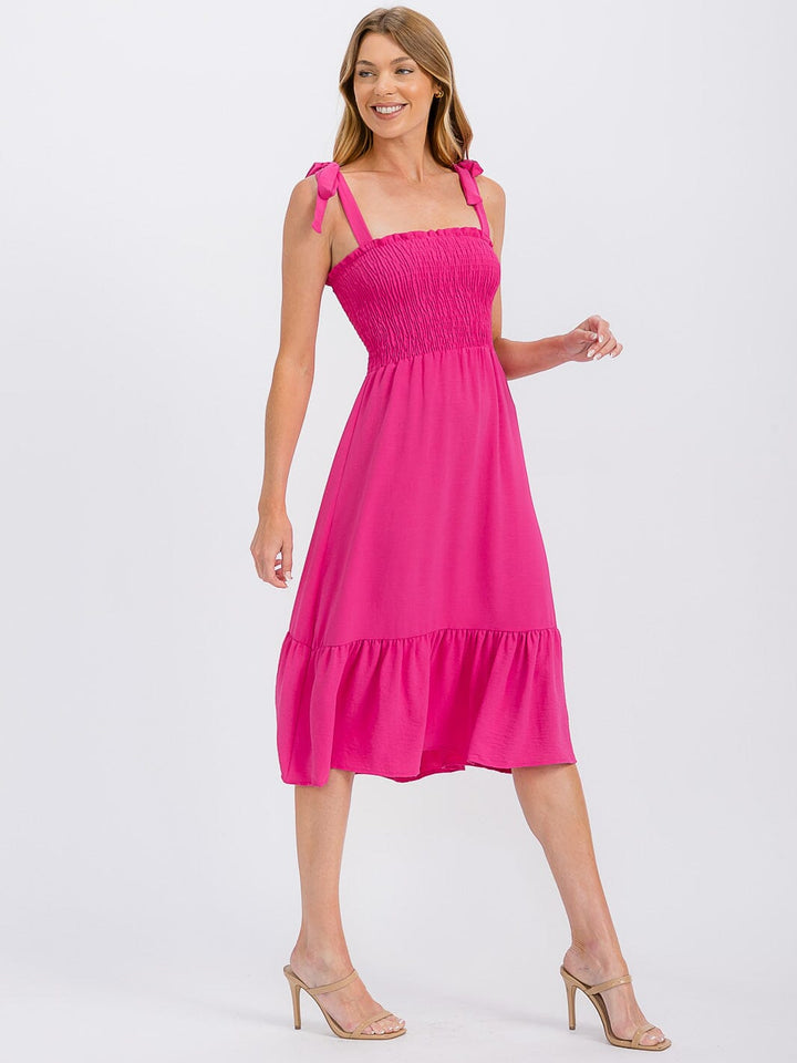 WOMEN'S SLEEVELESS ADJUSTABLE STRAPS SMOCK RUFFLE BOTTOM HEM MIDI DRESS