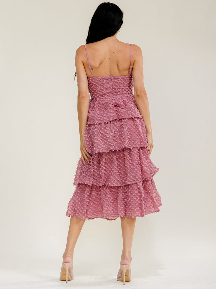 WOMEN'S SLEEVELESS RUFFLE TIERED SWISS MIDI DRESS