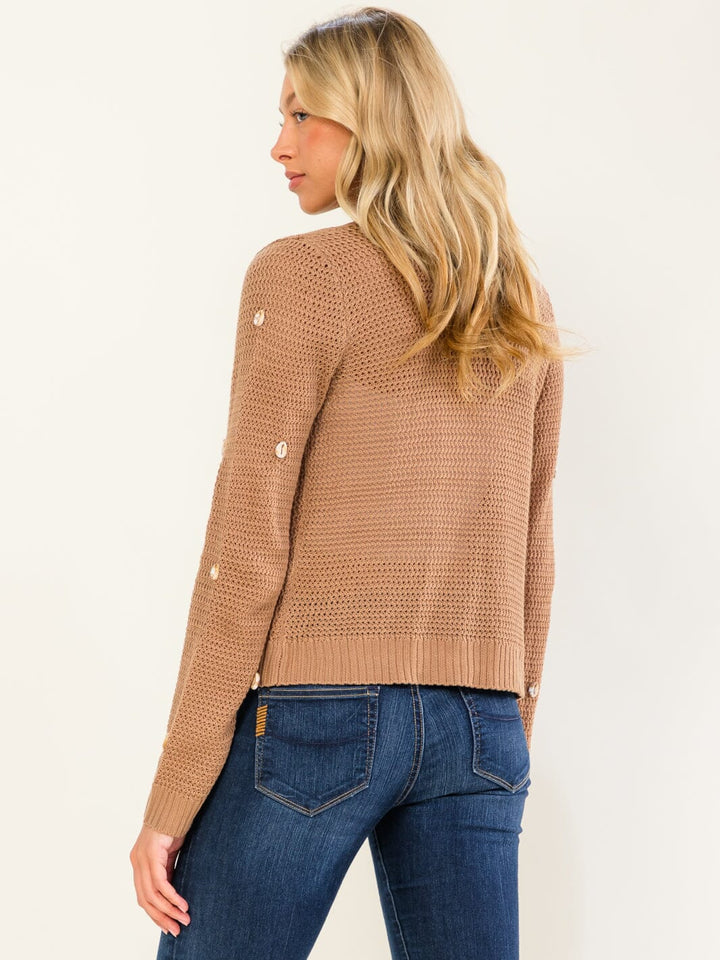 WOMEN'S LONG SLEEVE OPEN FRONT SEA SHELL DETAILED KNIT CARDIGAN
