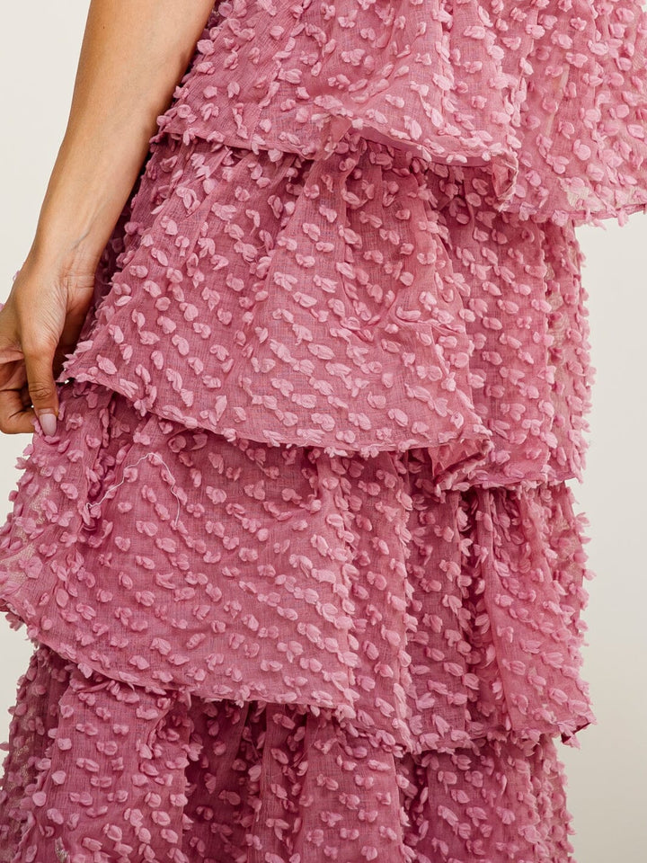 WOMEN'S SLEEVELESS RUFFLE TIERED SWISS MIDI DRESS