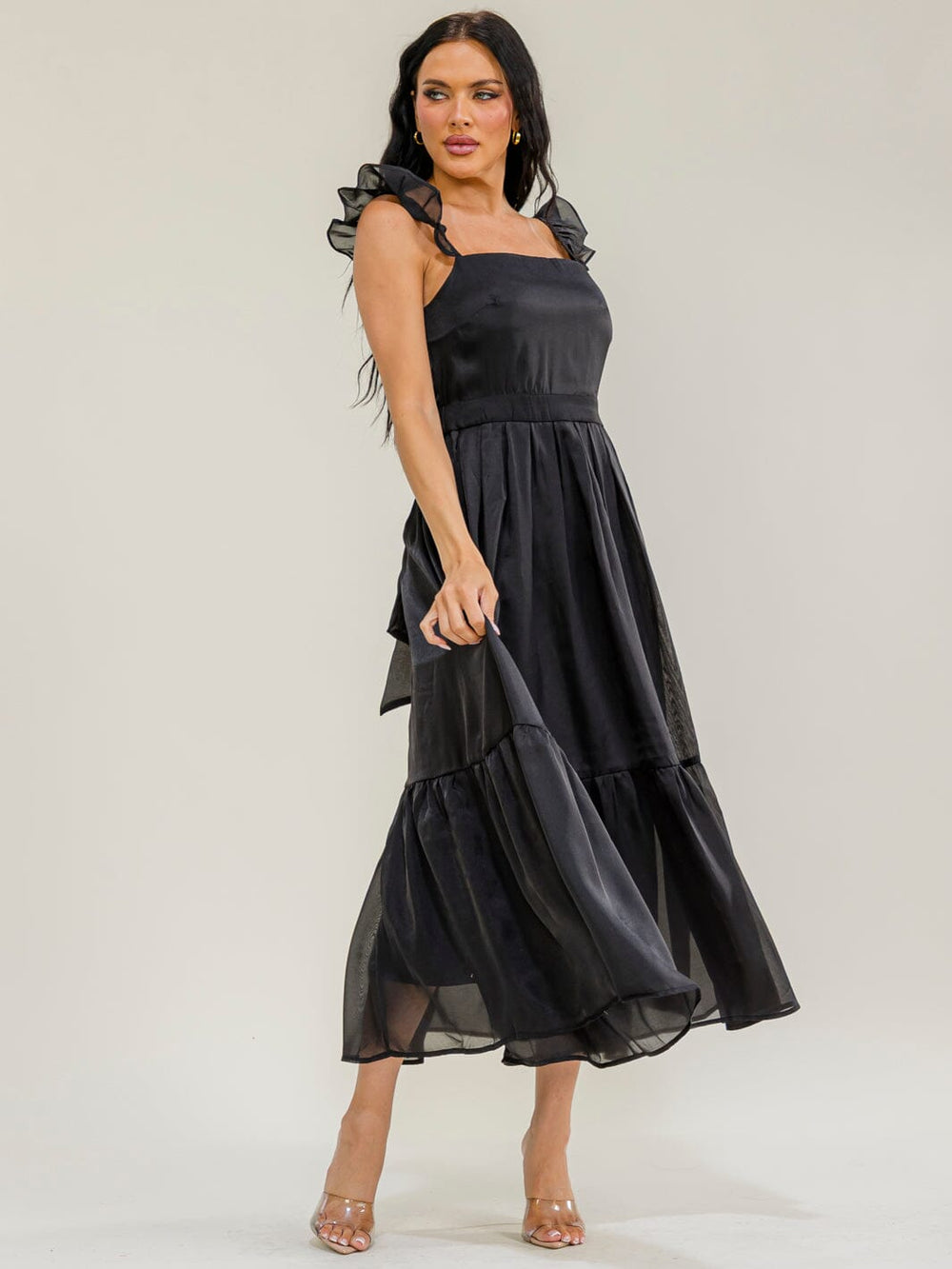 WOMEN'S SLEEVELESS SQUARE NECK SELF TIE TIERED MAXI DRESS