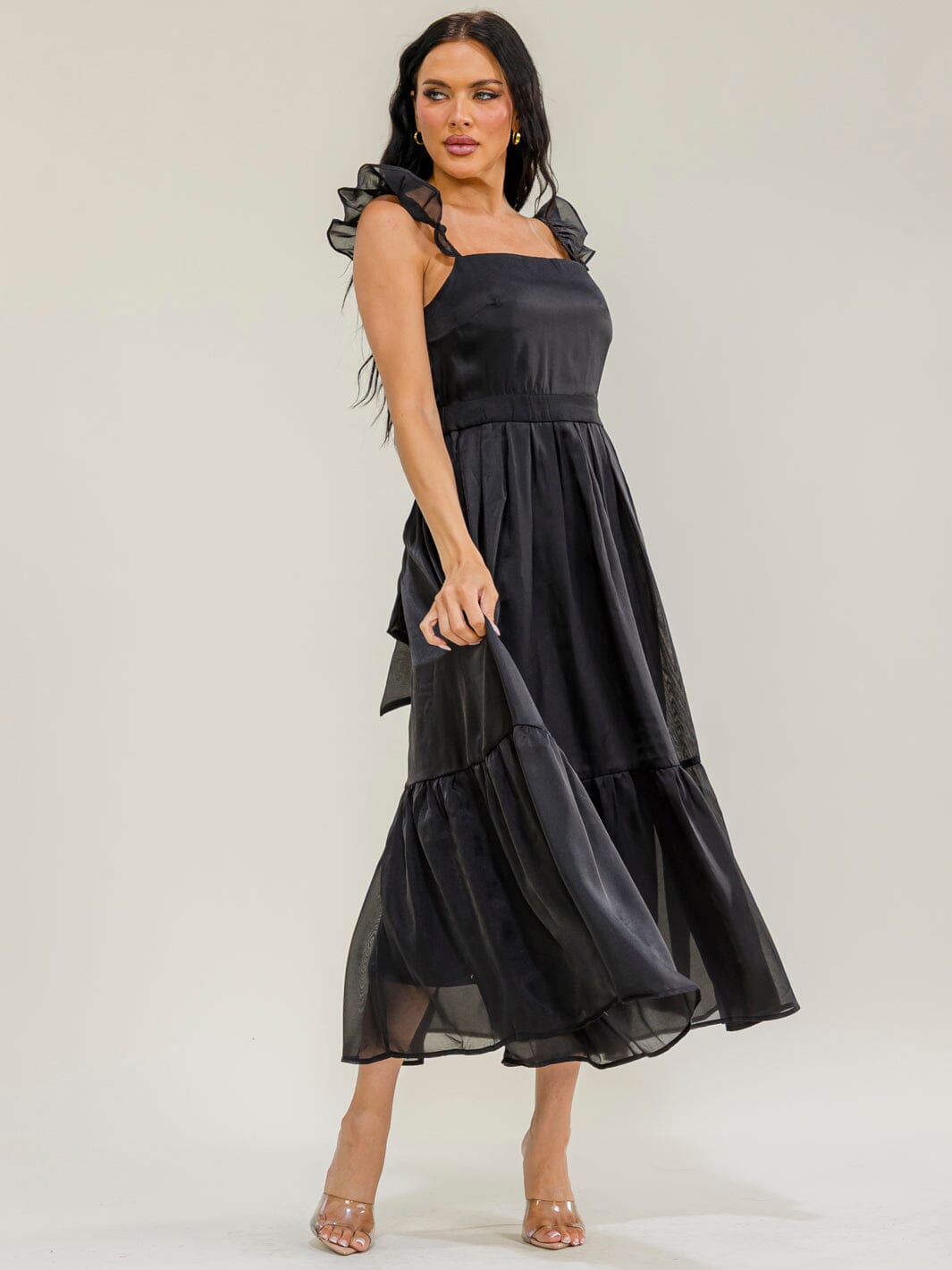 WOMEN'S SLEEVELESS SQUARE NECK SELF TIE TIERED MAXI DRESS