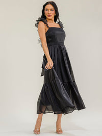 WOMEN'S SLEEVELESS SQUARE NECK SELF TIE TIERED MAXI DRESS