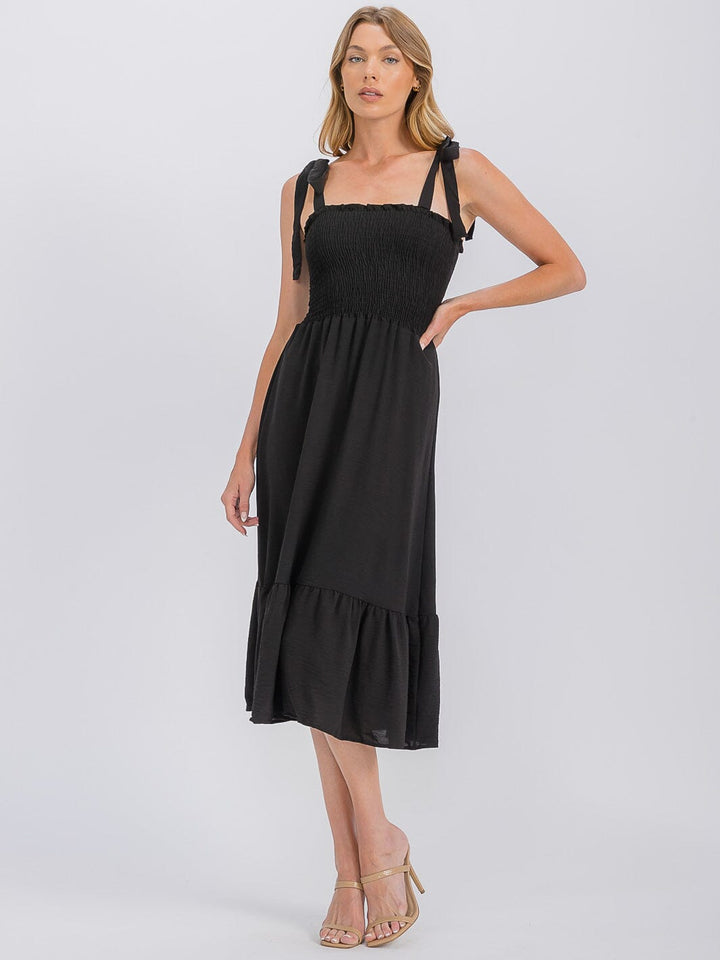 WOMEN'S SLEEVELESS ADJUSTABLE STRAPS SMOCK RUFFLE BOTTOM HEM MIDI DRESS