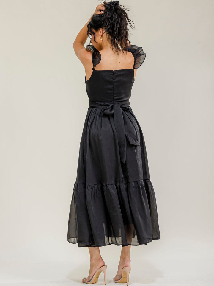 WOMEN'S SLEEVELESS SQUARE NECK SELF TIE TIERED MAXI DRESS