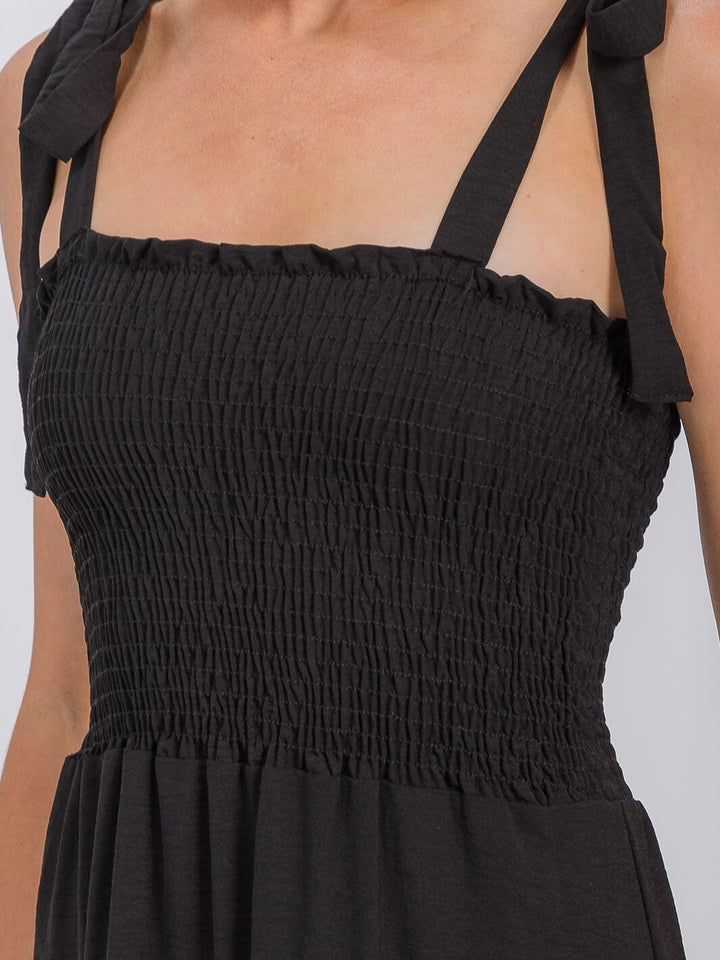 WOMEN'S SLEEVELESS ADJUSTABLE STRAPS SMOCK RUFFLE BOTTOM HEM MIDI DRESS