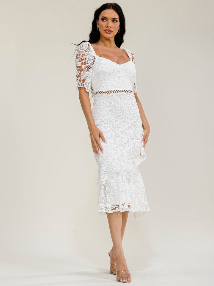 WOMEN'S SHORT SLEEVE CROCHET BODYCON MIDI DRESS