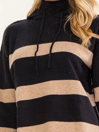 WOMEN'S LONG SLEEVE HIGH-LOW STRIPES PULLOVER HOODED SWEATER