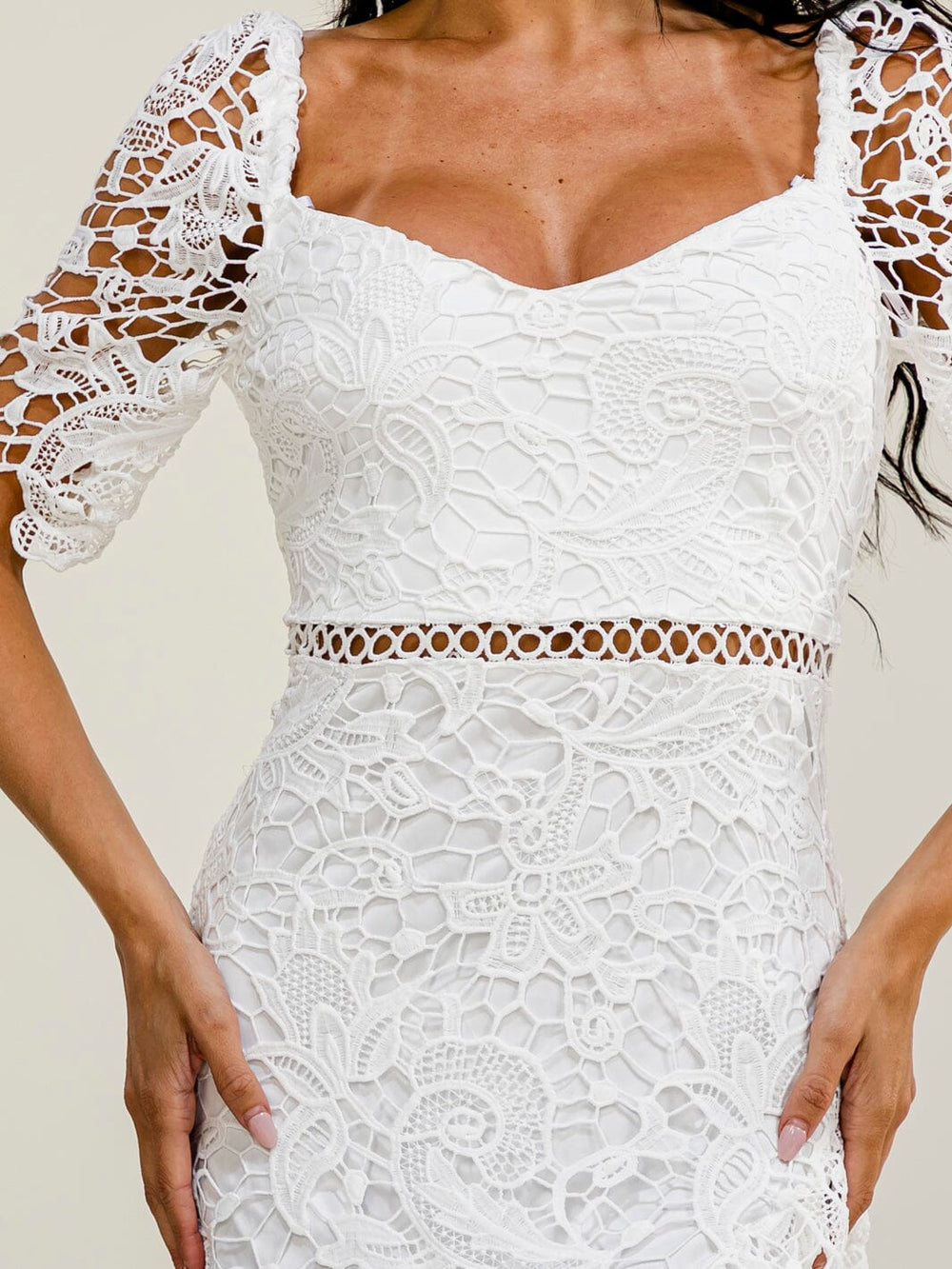 WOMEN'S SHORT SLEEVE CROCHET BODYCON MIDI DRESS