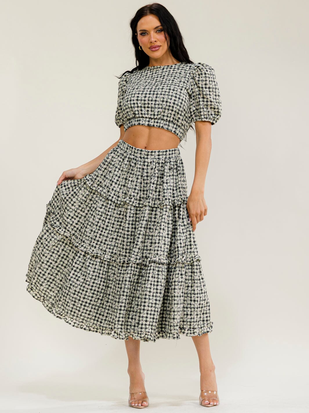 JUST ME WOMEN'S SHORT SLEEVE CROP TOP & ELASTIC WAIST MAXI SKIRT PLAID EYELET 2PC. SET