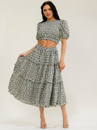 JUST ME WOMEN'S SHORT SLEEVE CROP TOP & ELASTIC WAIST MAXI SKIRT PLAID EYELET 2PC. SET