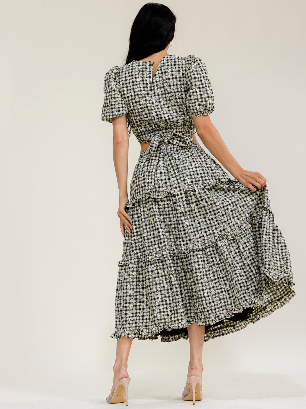 JUST ME WOMEN'S SHORT SLEEVE CROP TOP & ELASTIC WAIST MAXI SKIRT PLAID EYELET 2PC. SET