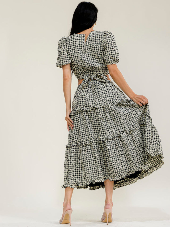 JUST ME WOMEN'S SHORT SLEEVE CROP TOP & ELASTIC WAIST MAXI SKIRT PLAID EYELET 2PC. SET