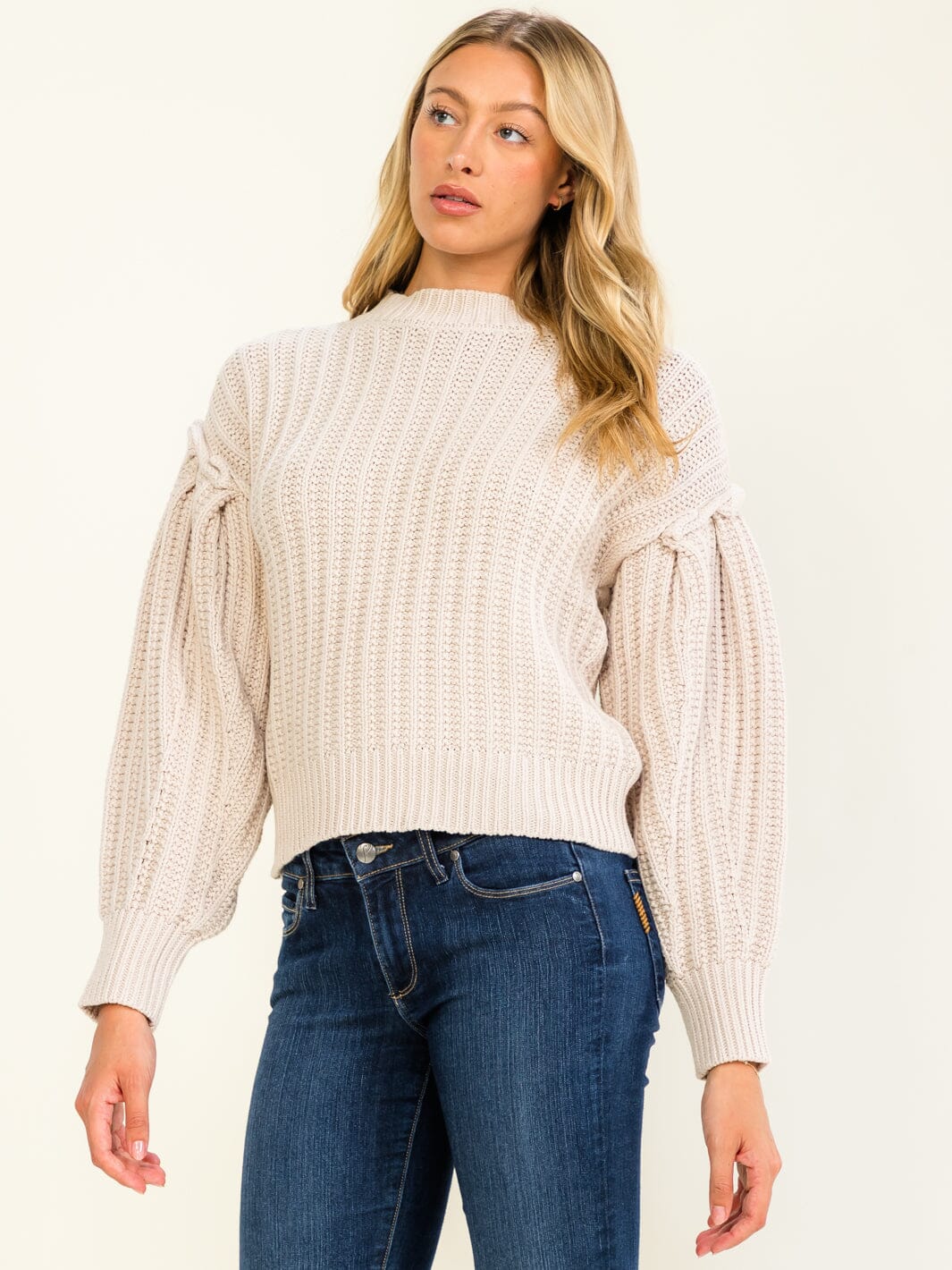 WOMEN'S LONG BALLOON SLEEVE KNIT PULLOVER SWEATER