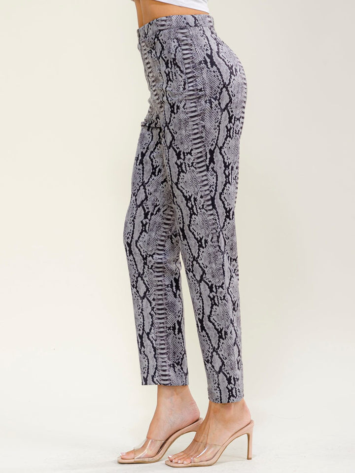 WOMEN'S ZIP UP FRONT POCKETS SNAKE PRINT STARIGHT LEG PANTS