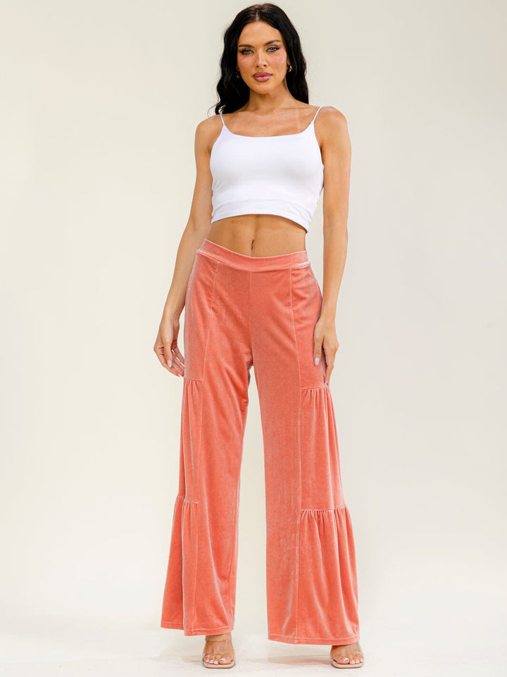 WOMEN'S ELASTIC WAIST TIERED WIDE LEG PANTS