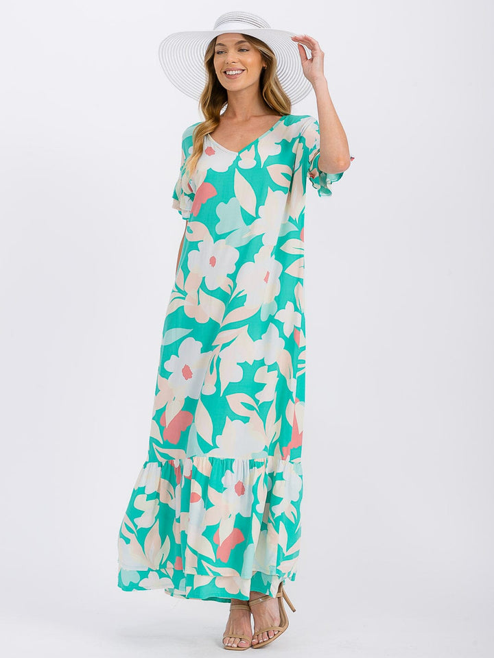 WOMEN'S SHORT SLEEVE V-NECK LOOSE FIT FLORAL MAXI DRESS